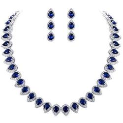 EleQueen Womens Silver-Tone Full Prong Cubic Zirconia Teardrop Bridal Necklace Earrings Set Sapphire Color