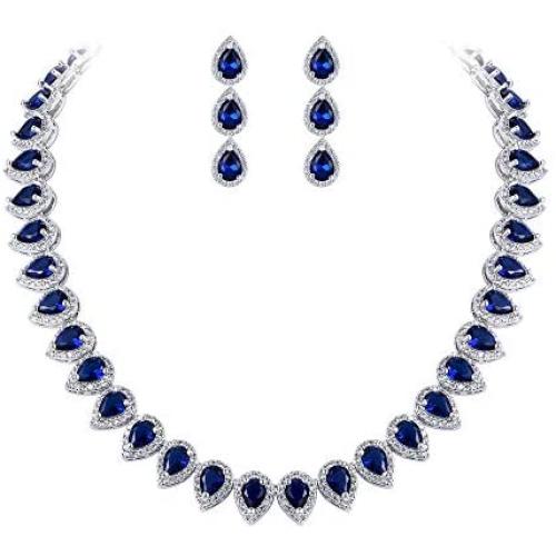 EleQueen Womens Silver-Tone Full Prong Cubic Zirconia Teardrop Bridal Necklace Earrings Set Sapphire Color