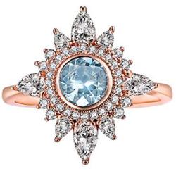 JIANGYUE Rose Gold Plated Blue Spinel Rings for Women Birthstone Rings for Girls White Cubic Zirconia Cocktail Rings Mothers Day Jewelry Gifts Size 5 6 7 8 9 10