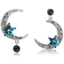 Richapex S925 Sterling Silver Earrings,Crystal Dangle Earrings Moon and Star Asymmetric Drop Earrings for Women Girls