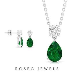 2.07 CT Emerald Necklace and Earrings, D-VSSI Moissanite Jewelry Set, Gold Pendant and Earring, Pear Shaped Green Gemstone Pendant Gifts (AAA Quality)