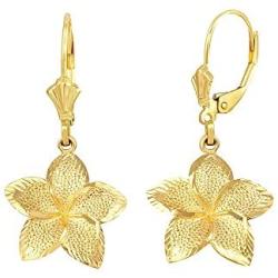 Textured 10k Gold Hawaiian Flower Plumeria Dangle Earrings (Small)