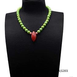 Turquoise Necklace 11.5-12mm Green Round Turquoise Beads Necklace with Coral Pendant 20''