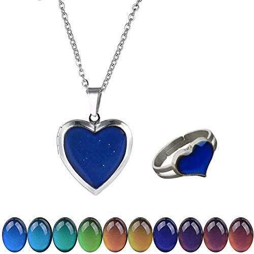 2 Pcs Temperature Sensing Color Changing Heart Locket Mood Pendant Necklace & Ring Colorful Transfer Womens Fashion Pendant Necklaces Stainless Steel Jewelry as Birthday for Women Girls