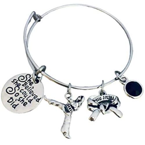 Jiu Jitsu Charm Bracelet - She Believed She Could Martial Arts Black Belt Charm Bracelet, Jiu Jitsu Gift for Women, Teens and Girls