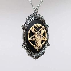 Antiqued Goat Head Satanic Baphomet Cameo Bone on Black in Silver Finish Frame Pendant Necklace