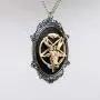 Antiqued Goat Head Satanic Baphomet Cameo Bone on Black in Silver Finish Frame Pendant Necklace Antiqued Goat Head Satanic Baphomet Cameo Bone on Black in Silver Finish Frame Pendant Necklace