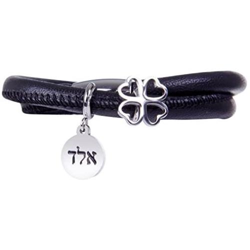 AGENDA Leather Charms Bangle for Women with Stainless Steel Charms Judaica Inspirational Bracelet Jewelry Kabbalah Evil Eye Protection