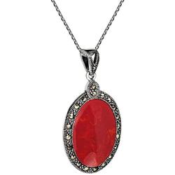 AeraVida Vintage Reconstructed Red Coral & Marcasite Style Pyrite Frame .925 Sterling Silver Pendant Necklace