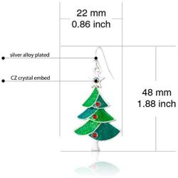 RareLove Green Christmas Tree with Star Red Rhinestone Pierced Dangle Earrings CZ Crystal Silver Plated Alloy Holiday For Women Girls