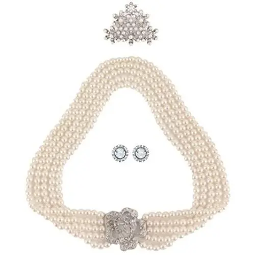 Utopiat flapper costume jewelry set-Audrey Hepburn Breakfast at Tiffanys Bridal Pearl Jewelry Set for Flapper Vintage Costume, silver, Large