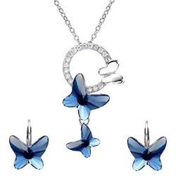 EleQueen 925 Sterling Silver Butterfly Denim Blue Pendant Necklace Stud Earrings Jewelry Set Made with Crystals