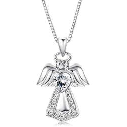 KesaPlan 925 Sterling Silver Guardian Angel Pendant Necklace for Girls Women Heart Crystal Silver Necklace for Gift, Crystals from Swarovski, Gift for Daughter/ Wife/ Girlfriend