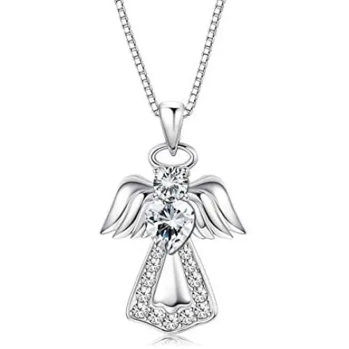 KesaPlan 925 Sterling Silver Guardian Angel Pendant Necklace for Girls Women Heart Crystal Silver Necklace for Gift, Crystals from Swarovski, Gift for Daughter/ Wife/ Girlfriend