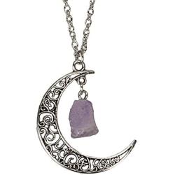 SPUNKYsoul Magical Filigree Antiqued Silver Crescent Moon Natural Raw Amethyst Crystal Long Necklace for Women