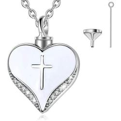 EUDORA Personalized Sterling Silver Memorial Cremation Urn Necklace for Ashes, Heart Shape with Holy Cross Keepsake Jewelry for Women Man, 20 inches Chain