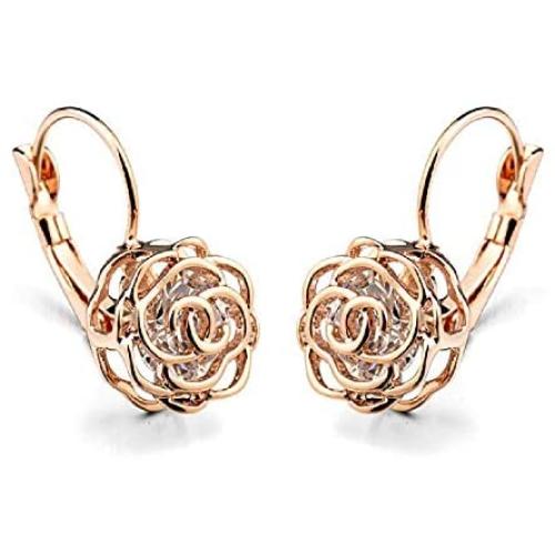 Blooming CZ Filigree Rose Flower Crystal Leverback Dangle Drop Earrings for Women Girls Sensitive Ear Sweet Sunflower Dangling for Lovers Wedding Elegant Diamond Jewelry Gifts Hypoallergenic