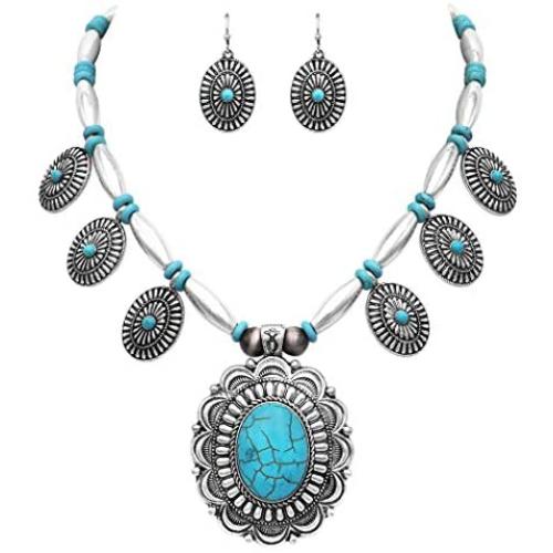 Rosemarie & Jubalee Womens Western Style Statement Silver Tone Concho with Turquoise Howlite Necklace Earrings Set, 16''-19'' with 3'' Extension