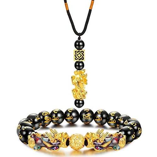 Thunaraz Feng Shui Black Obsidian Wealth Bracelet Necklace Set for Mens Women Pi Xiu Black Obsidian Amulet Bead Bracelet Good Lucky Wealthy Jewelry
