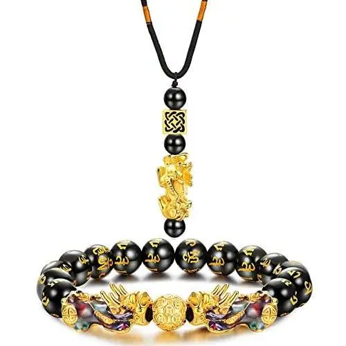 Thunaraz Feng Shui Black Obsidian Wealth Bracelet Necklace Set for Mens Women Pi Xiu Black Obsidian Amulet Bead Bracelet Good Lucky Wealthy Jewelry Thunaraz Feng Shui Black Obsidian Wealth Bracelet Necklace Set for Mens Women Pi Xiu Black Obsidian Amulet Bead Bracelet Good Lucky Wealthy Jewelry