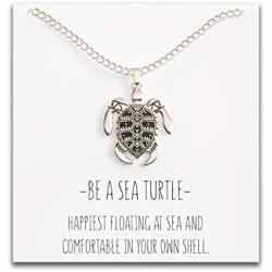 Happy Kisses Sea Turtle Necklace for Women - Tribal/Native Black and Silver Pendant – Cute Message Card About Floating at Sea – Great Gift for Girls and Kids– 18” Chain