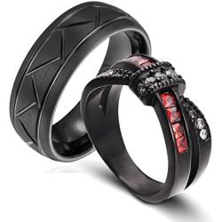 wedding ring set Two Rings His Hers Couples Matching Rings Womens Black Gold Filled Red CZ Wedding Engagement Ring Bridal Sets Mens Stainless Steel Wedding Band