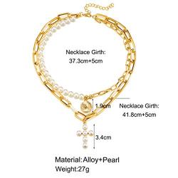 Haloty Boho Layered Corss Pendant Necklace Gold Pearl Necklaces Chain Fashion Coin Necklaces Jewelry for Women and Girls