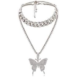 XY Fancy Butterfly Necklace Women Jewelry Sets Hip Hop Style Diamond-Mounted Double-Layer Choker
