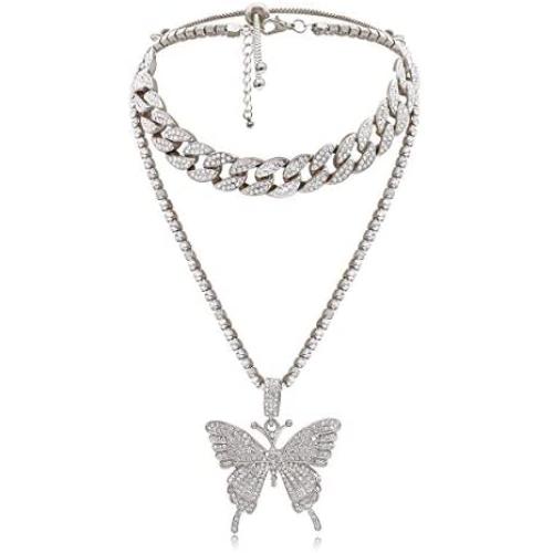 XY Fancy Butterfly Necklace Women Jewelry Sets Hip Hop Style Diamond-Mounted Double-Layer Choker