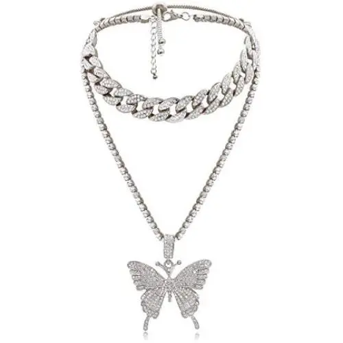 XY Fancy Butterfly Necklace Women Jewelry Sets Hip Hop Style Diamond-Mounted Double-Layer Choker