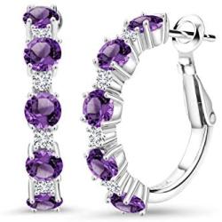 Gem Stone King 2.80 Ct Round Purple Amethyst G/H Lab Grown Diamond 925 Sterling Silver Hoop Earrings