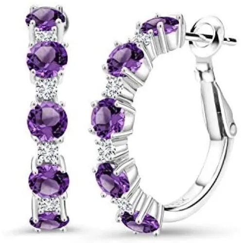 Gem Stone King 2.80 Ct Round Purple Amethyst G/H Lab Grown Diamond 925 Sterling Silver Hoop Earrings Gem Stone King 2.80 Ct Round Purple Amethyst G/H Lab Grown Diamond 925 Sterling Silver Hoop Earrings