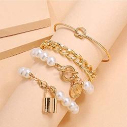 ZHUPI Women Gothic Gold Coin Imitation Pearl Star Shell Lock Buckle Bracelet Set Fashion Jewelry Bangles Pearl Bracelet(A)