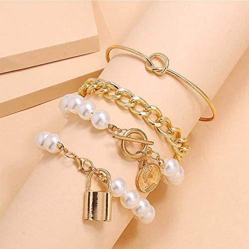 ZHUPI Women Gothic Gold Coin Imitation Pearl Star Shell Lock Buckle Bracelet Set Fashion Jewelry Bangles Pearl Bracelet(A)