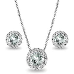 Sterling Silver Genuine, Created or Simulated Gemstone and White Topaz Accents Round Halo Necklace and Stud Earrings Set