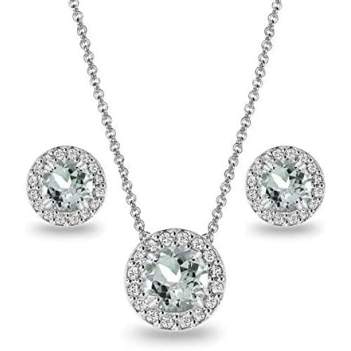 Sterling Silver Genuine, Created or Simulated Gemstone and White Topaz Accents Round Halo Necklace and Stud Earrings Set