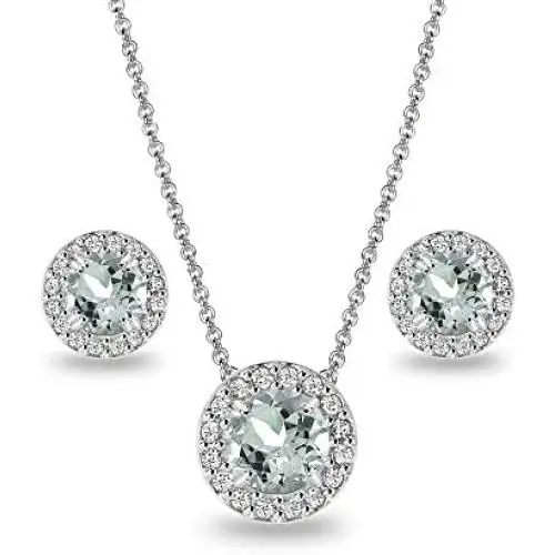 Sterling Silver Genuine, Created or Simulated Gemstone and White Topaz Accents Round Halo Necklace and Stud Earrings Set Sterling Silver Genuine, Created or Simulated Gemstone and White Topaz Accents Round Halo Necklace and Stud Earrings Set