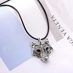 HAQUIL Wolf Necklace - Viking Celtic Wolf Head Pendant - Leather Cord - Wolf Jewelry Gifts