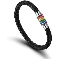 Wollet Titanium Stainless Steel Magnet Rainbow LGBT Pride Handmade Braided Bracelet PU Leather Weave Plaited Jewelry