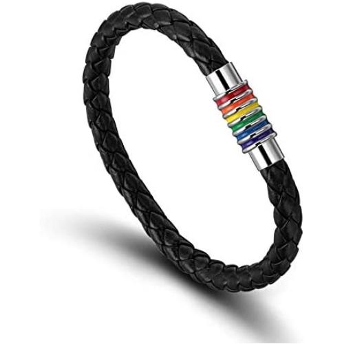 Wollet Titanium Stainless Steel Magnet Rainbow LGBT Pride Handmade Braided Bracelet PU Leather Weave Plaited Jewelry