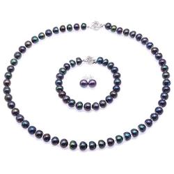 JYX Pearl Necklace Set 8-9mm Dark-Blue Freshwater Pearl Necklace Bracelet and Earrings Jewelry Set