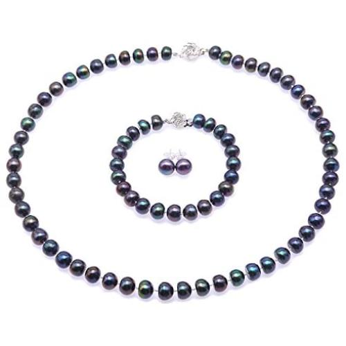 JYX Pearl Necklace Set 8-9mm Dark-Blue Freshwater Pearl Necklace Bracelet and Earrings Jewelry Set