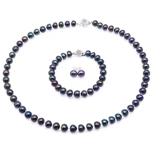 JYX Pearl Necklace Set 8-9mm Dark-Blue Freshwater Pearl Necklace Bracelet and Earrings Jewelry Set JYX Pearl Necklace Set 8-9mm Dark-Blue Freshwater Pearl Necklace Bracelet and Earrings Jewelry Set