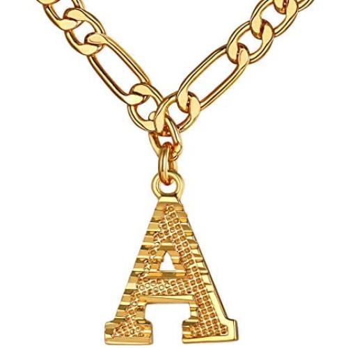 ChainsHouse Initial Letter Pendant Necklace Mens Womens Capital Letter Yellow Gold Plated A-Z 26 Alphabet Name Jewelry 16''+2'' Adjustable Stainless Steel Figaro Chain Personaziled