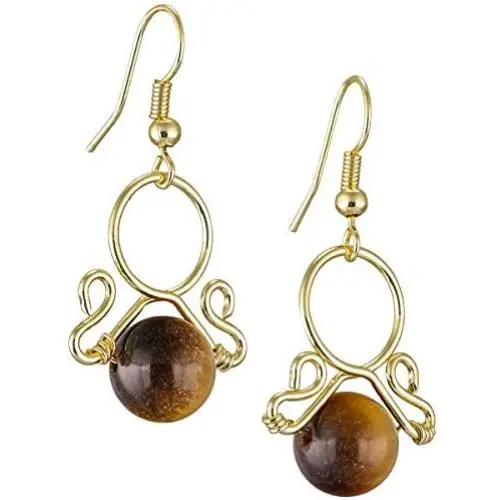 Nupuyai Round Stone Bead Dangle Earrings Healing Crystal Hook Earrings Wire Wrapped Handmade Jewelry for Women