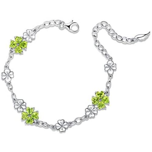 JIANGXIN 925 Sterling Silver Birthstone Chain Link Bracelet for Women Girl Lucky Four leaf clover Gemstone Fine Jewelry Good Luck Shamrock Birthday Gift
