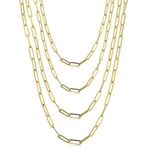 14K Gold Plated Chain Necklace for Women Paperclip Linked Chain Necklace Stainless Steel Flat Snake Chain Necklace Set 4Pcs