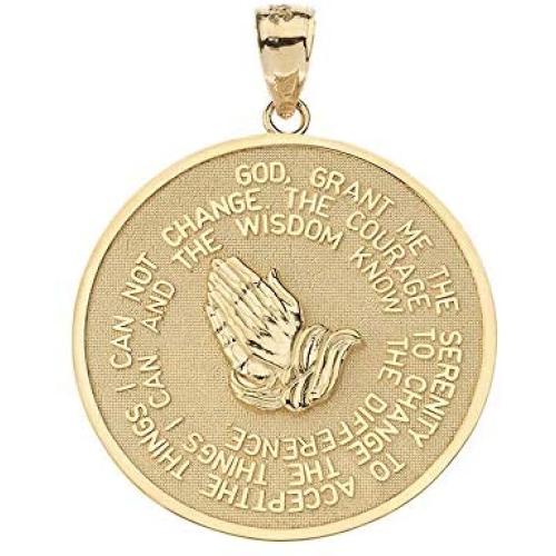 Solid 14k Yellow Gold Bible Verse Serenity and Lords Prayer Medal Pendant