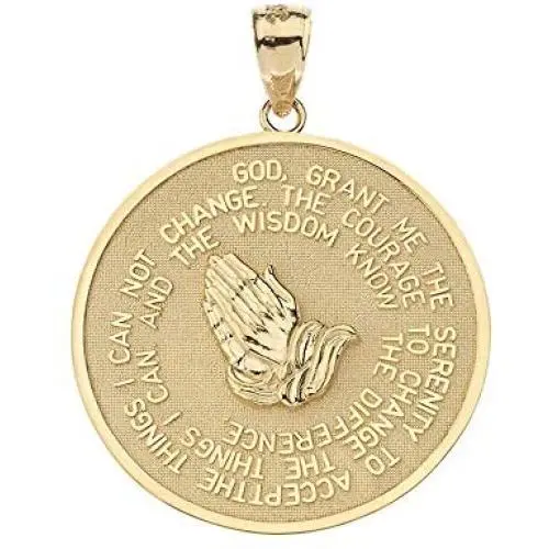 Solid 14k Yellow Gold Bible Verse Serenity and Lords Prayer Medal Pendant