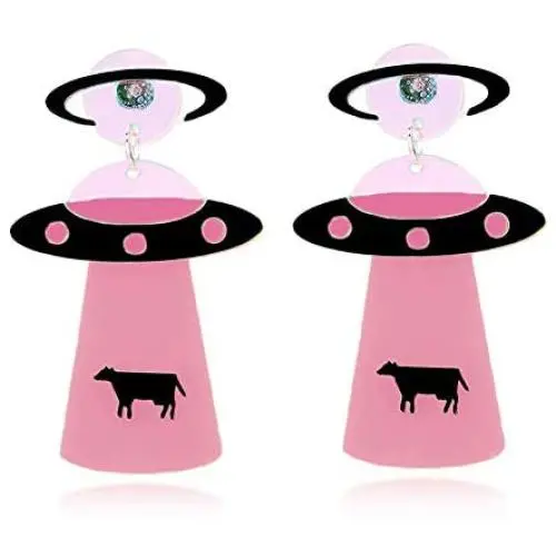 Cute UFO Spaceship Alien Acrylic Dangle Earrings Funny Cartoon Earrings Acrylic Lightweight UFO Airship Drop Earrings for Women Girls